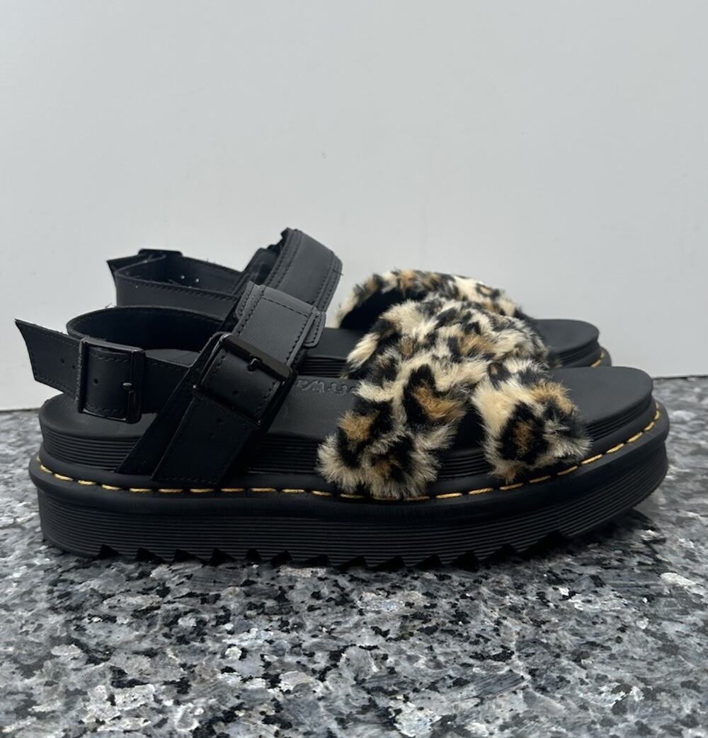 Dr Martens Voss II Fluffy Faux Fur Leopard Strap Chunky Platform Sandals US 10